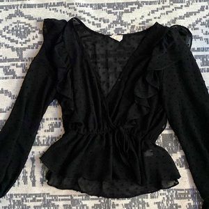 Black SO size L see through long sleeved ruffled long sleeve shirt.
